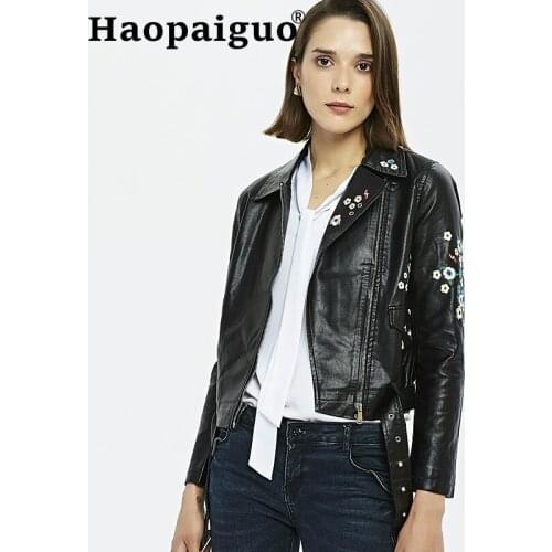 2019 Winter Autumn Embroidered Floral Women Leather Jacket Cleaning Zipper PU Leather Jacket Motorcycle Temale Women Black Coat