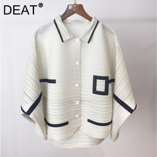 DEAT Woman Pleated Coat Hit Color Geometric Batwing Sleeve Single Breasted Loose Casual Style Jacket 2021 New Autumn 15XF757