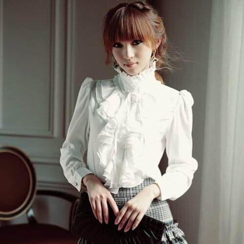 2019 Autumn Women Blouse shirt Elegant Retro White&Black Long sleeve Chiffon Stand Collar Basic Blusa Top S-XXL