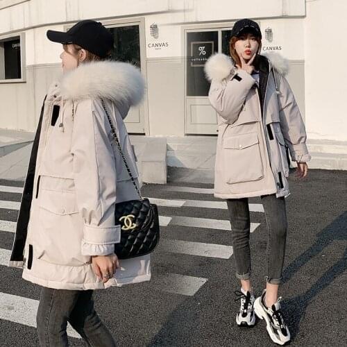 Office Lady Fashion Winter Clothes Korean Style Loose Big Fur Collar Mid-length Cotton Padded Jacket Womens Casual Padded Coat