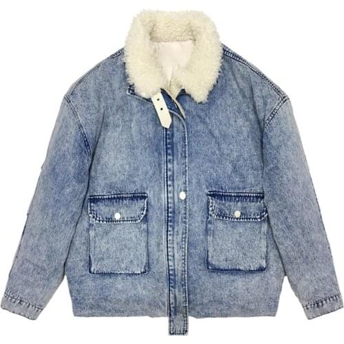 2020 Winter New Stitching Lamb Velvet Stand Collar Denim Cotton Padded Coat Womens Pocket Zipper Loose Thick Fashion Jacket