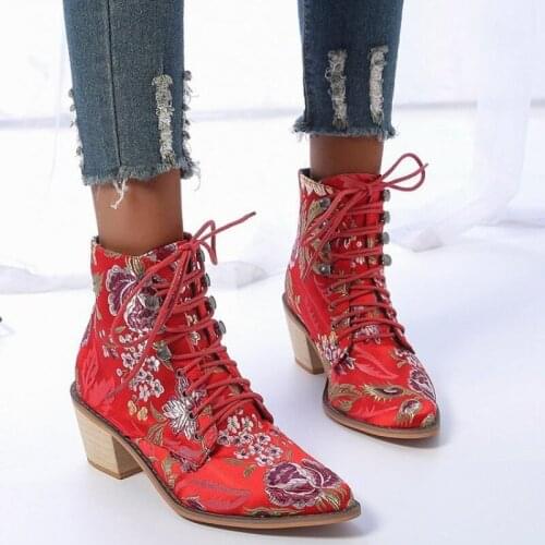 Women Boots Winter Shoes Mid Heel Pointed Toe Boots For Woman Fashion Lace Up Shoes Botas Mujer Plus Size