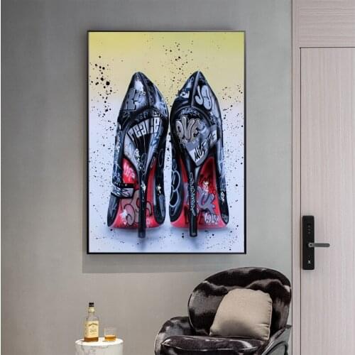 Women Black High Heels Shoes Graffiti Canvas Painting Wall Art Posters Prints Picture for Living Room Decor