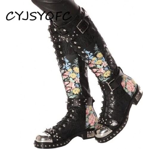 CYJSYQFC Rivets Studded Buckle Knee High Boots For Women Embroidered Leather Print Flower Flat Platform Ladies Motorcycle Boots
