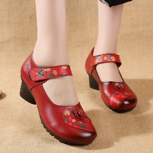 Women Vulcanized Shoes Spring Autumn Genuine Leather Buckle Strap 3-5CM Square High Heels printing flower Casual shoes for women