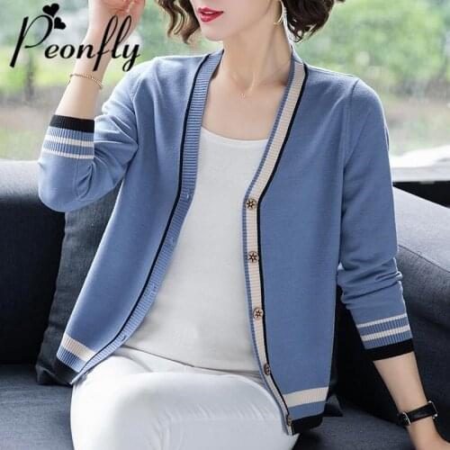 PEONFLY Women Sweater 2020 Autumn Winter Fashion Single Breasted Cardigans Long Sleeve Sweater Women Casual Knitted Coat Blue