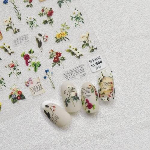 1 Pc 3D Embossed Vintage Flowers Acrylic Nail Stickers Transfer Watercolor Manicure Decals Makeup Ornament Decoration XQL26