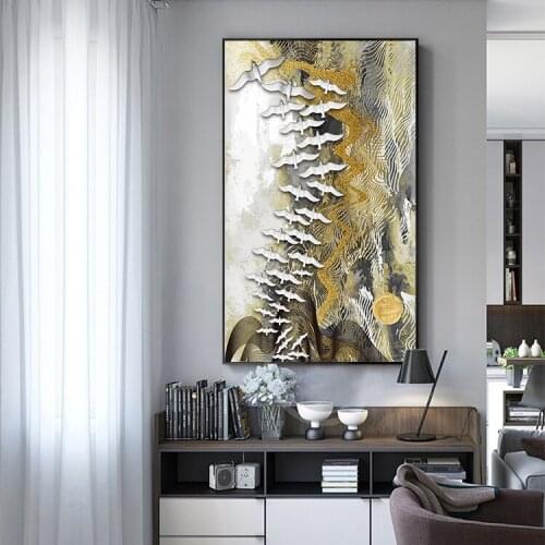 Abstract White Birds Feather Canvas Painting Gold Grey Print Luxury Wall Art Picture for Living Room 3D Effect Mordern Home Deco