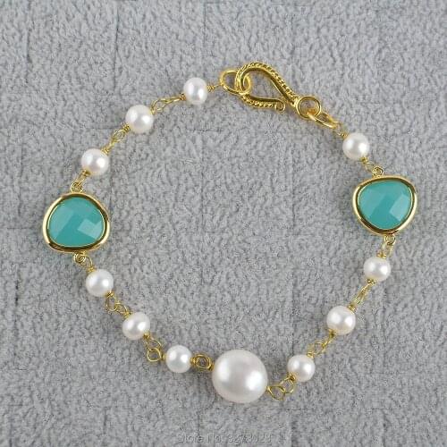 8'' White Baroque Pearl Blue Crystal Bracelet