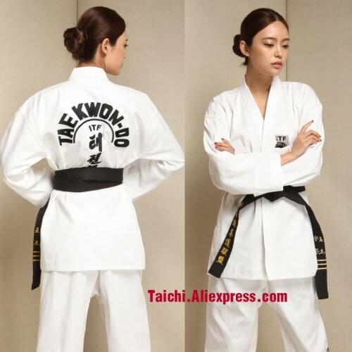 Martial Arts TKD Tae Kwon Do Korea V-neck Adult & Children Taekwondo Dobok for Poomsae & Training,WTF Uniform,160-190cm white