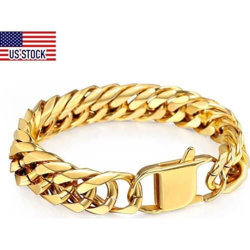 10/15mm Mens 316L Stainless Steel Bracelet Heavy Cut Double Curb Link Rombo Chain for Men Boy Gold Silver Color 7-11" DHBM117