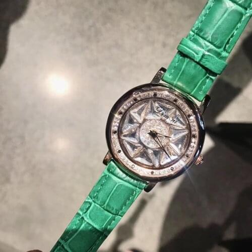 Personalized Triangle Crystal Watches for Women Pretty Candy Colors Dress Wrist watch Waterproof Real Leather Spinning Watch