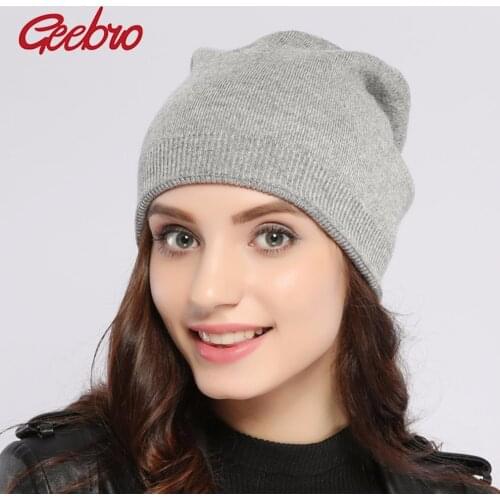 Geebro Double-Deck Womens Cashmere Knit Beanies Hat Female Winter Warm Plain Grey Wool Slouchy Skullies Beanie Hats for Women