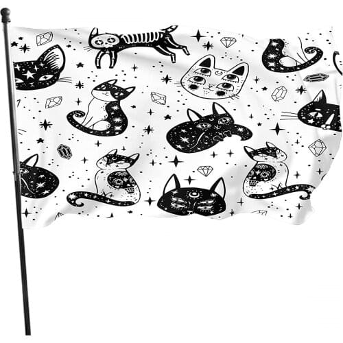 Witchs Cat Flag Halloween Gothic Cute Kitty Star Moon Tattoo Vivid Color Banner Sign For Yard Indoor Hanging Decor Black White