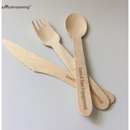 Custom Engraved Wooden Cutlery for Engagement Party 50 Sets Biodegradable Event Tableware with Names 16cm Wood Spoon Fork Knife