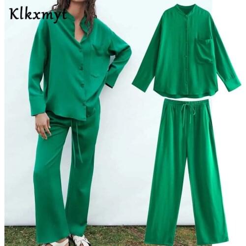 Klkxmyt Za Two Piece Set Women 2021 With Pocket Woman Shirts Tops High Waist Drawstring Casual Trouser Women Pants Sets Outfit