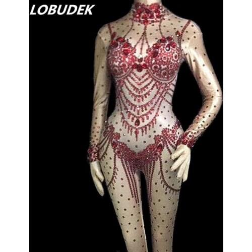 Female Jumpsuit Red Black Rhinestones Skinny Bodysuit Autumn Winter Nightclub DJ Singer Stage Costume Sexy Pole Dancing Clothing