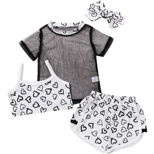 3PCS Kids Baby Girls Clothes Set Transparent Mesh T-shirt Camisole Vest Shorts Headband Sets Sportswear Outfits Summer Clothing