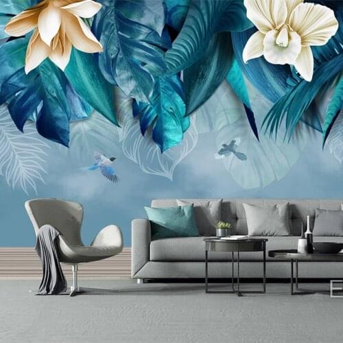Custom Photo Hand Painted Plant Leaves Flowers Birds Large Mural Wallpaper Modern Living Room Dining Room Bedroom Wall Painting