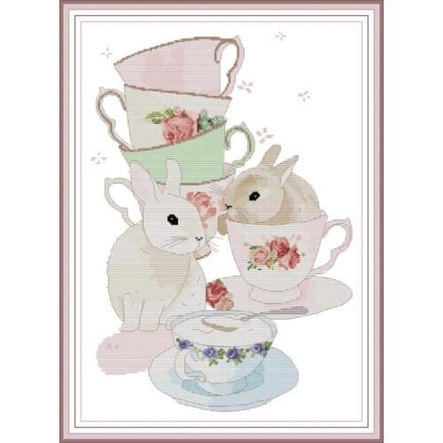 Joy Sunday Cup & Rabbit Cross Stitch set DMC 11CT 14CT Canvas print Cross Stitch Embroidery kit DIY Gift Home Wedding decoration