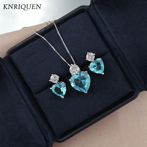 Charms 925 Sterling Silver Jewelry Sets for Women Paraiba Tourmaline Crystal Stone Necklace Earrings Romantic Gifts Wholesale