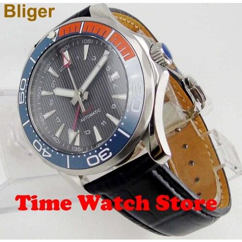 2019 New 41mm Bliger GMT Automatic watch men blue Luxury mechanical waterproof black dial leather strap ceramic luminous 885