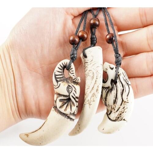Cool Bone Carved Lion Tooth Wolf Teeth Charms Pendant Resin Necklaces For Women Men Elephant Pendent Wood Beads Amulet Gift
