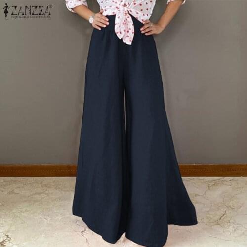 Casual Elastic Waist Long Pantalon Palazzo Female Solid Cotton Pants Women Autumn Trousers 2021 ZANZEA Vintage Wide Leg Pants