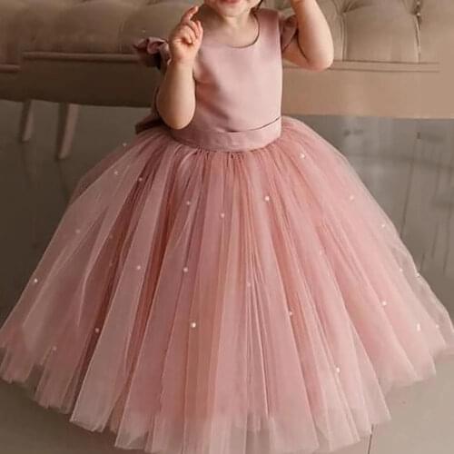 Puffy Layers Pink Girl Dresses Satin Bow Pearls Princess Dress Kids First Communion Dresses Birthday Party Gown 12M 24M