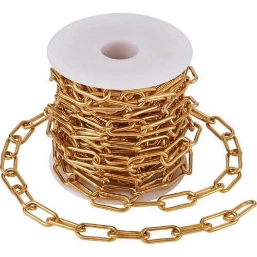 304 Stainless Steel Paperclip Chains Drawn Elongated Cable Chains Unwelded Stainless Steel Golden Color Link 18x7x1.6mm 5m/10m
