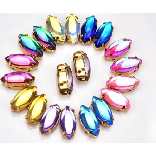 Glass Crystal 7*15mm horse eye Navette Marquise shape Sew on rhinestone Gold Claw 4-Hole For Dress Shoes Cell Phone decor 20PCS