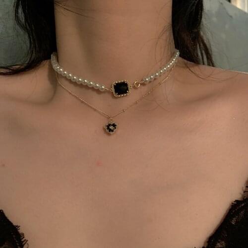 Y2K Jewelry Korean Charm Imitation Pearl Crystal Pendant Necklaces For Women Metal Vintage Choker Necklace 90s Style Party Gifts