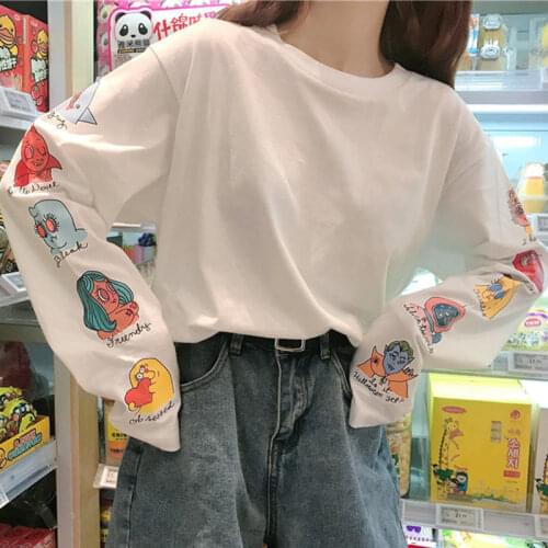 Korean Ulzzang Loose Cute Letter Print T-shirt Cartoon Women Casual Long Sleeve T Shirt Female Kawaii Pullovers Tshirt Tops Tee