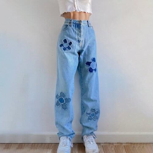 Stylish Floral Patchwork Jeans Women High Waist Straight Streetwear Denim Pants Female Vintage Loose Blue Denim Trousers 2021
