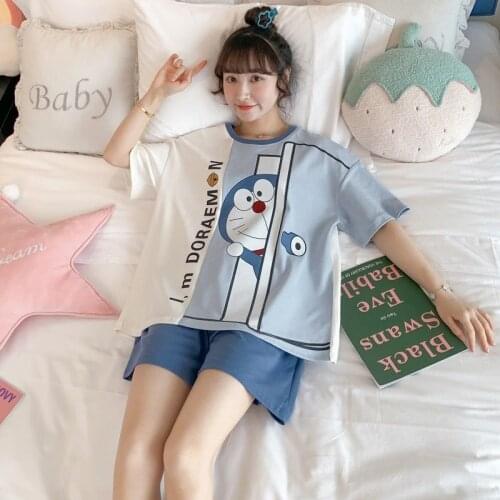 Womens suit pajamas doraemon cartoons cute summer set woman 2 pieces shorts short sleeve home Nightgowns thin Sleepwear