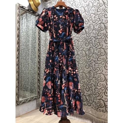 New Fashion Summer Dress 2021 High Quality Women Floral Print Ruffle Patchwork Short Sleeve Mid-Calf Floral Print Dress Casual