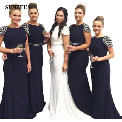 Mermaid Beaded Cap Sleeve Bridesmaid Dresses Elegant Wedding Party Gowns Navy Blue Prom Dresses robe demoiselle d'honneur