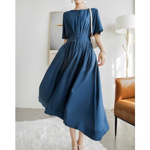 2020 Summer New Blue Half Slim Elegant Women Batwing Sleeve High Waist Long Dress Vestidos