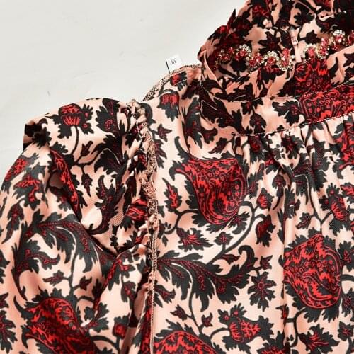 Ruffled Collar Diamond Print Mini Dress Women Vintage Long Sleeve Short Dress