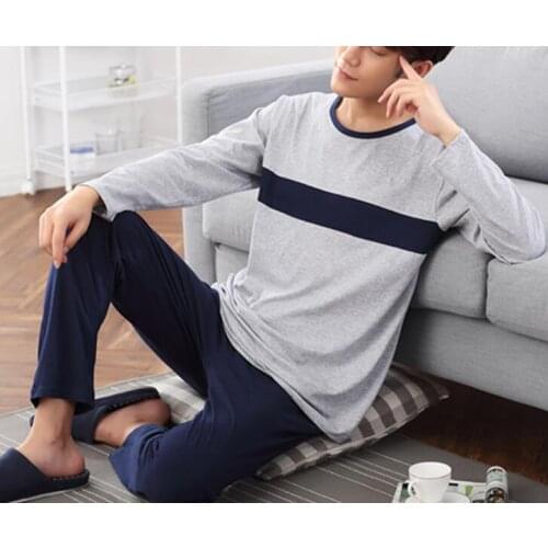 2019 no brand fashion men shipping cloth 100%cotton o-neck grey coat and blue pant free shipping