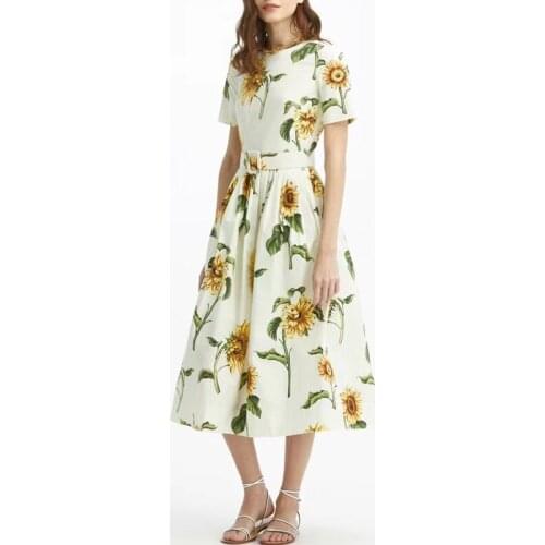 2021 Summer 100% Cotton Sunflower Printed Women Dress Designer Fashion Short Sleeve Casual Dresses