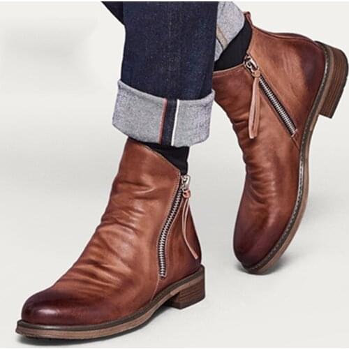 New Fashion Vintage British Men Leather Shoes Casual Round Toe Zip Ankle Boots Spring Autumn Business Casual Chelsea Boots