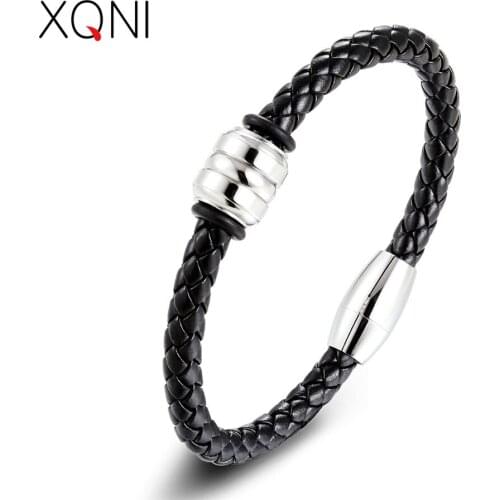 XQNI 4 Styles for Choices 2018 Fashion Accessories Geometric Stainless Steel Genuine Leather Bracelet For Women Male Party Gift