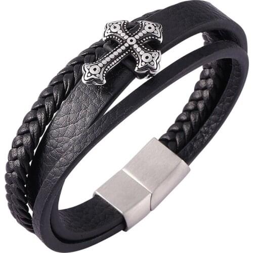 Black Leather Bracelet Men Vintage Cross Jewelry Magnetic Buckle Unisex Wrist Band Wholesale