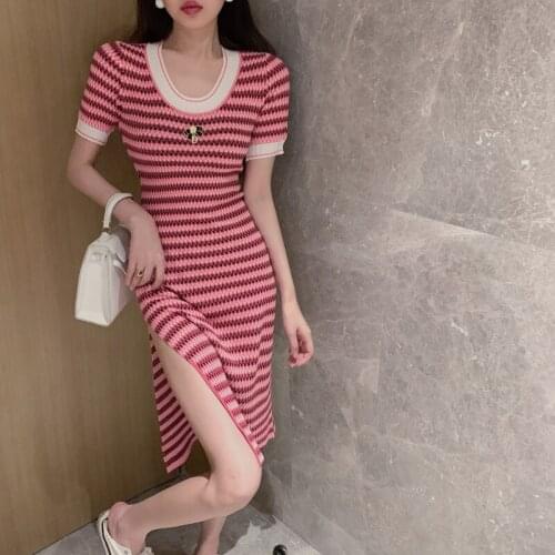 Elegant Knitting Dresses for Women Summer New Fashion High Split Dress 2021 Slim Knee Length Short Sleeve Dresses YOU796
