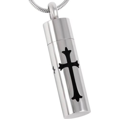 IJD8409 Cross Engraved Cylinder Urn Pendant for Ashes Stainless Steel Funeral Keepsake Jewelry Cremation Necklace Women & Men