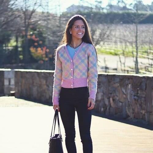 Ardm Za Pink Cardigan Women Rhinestone Buttons Knitted Jacquard Female Vintage Color Argyle Sweater Chic Crop Top Winter Outwear