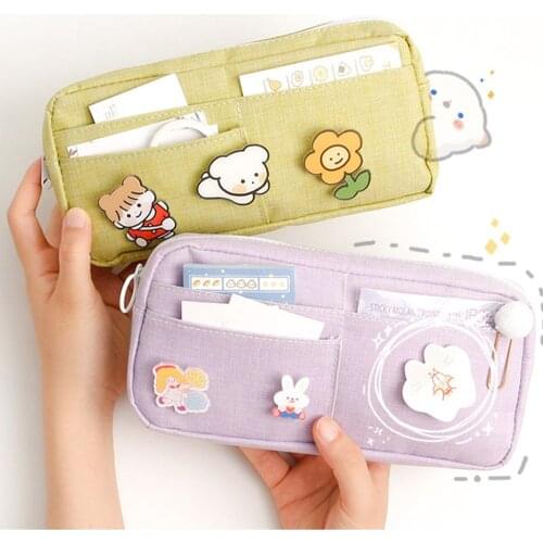 Kawaii Waterproof Canvas Big Capacity Brooch Pencil Case Cute Pencilcase Pouch Bag With Badge Kids Gift School Stationery
