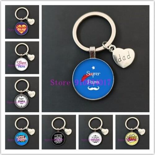 Super Daddy Keychain Daddy Pendant Dome Glass Keyring My Daddy is a Super Hero Round Glass Keychain Fathers Day Gift