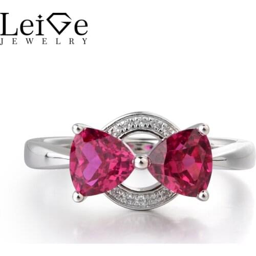 Leige Jewelry Lab Red Ruby Gemstone 925 Sterling Silver July Birthstone Trillion Cut Double Stones Wedding Rings For Woman